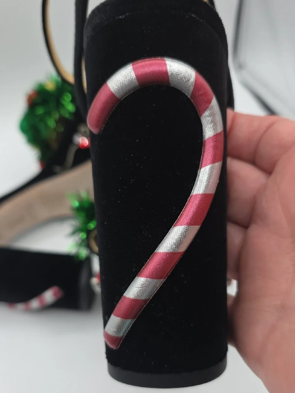 ANTONIO MELANI Black Velvet Heels with Green Tinsel and Red & Gold Ornaments